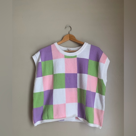 BiBi Sweaters - Bibi Pullover Sweater Vest Purple Pink Green White Checkered